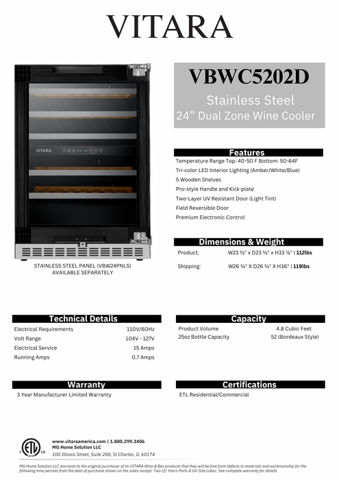 Panel Ready Vitara 24" Width Dual Zone 52 Bottle Built-in Wine Cooler