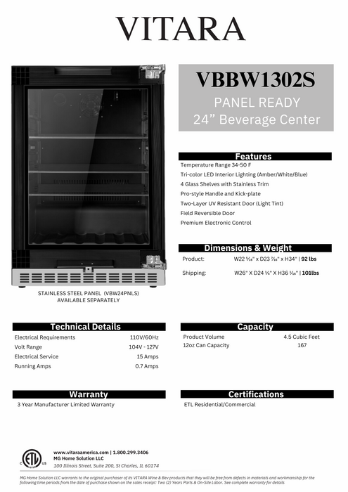 Panel Ready - Vitara 24" Width 167 Can Beverage Center