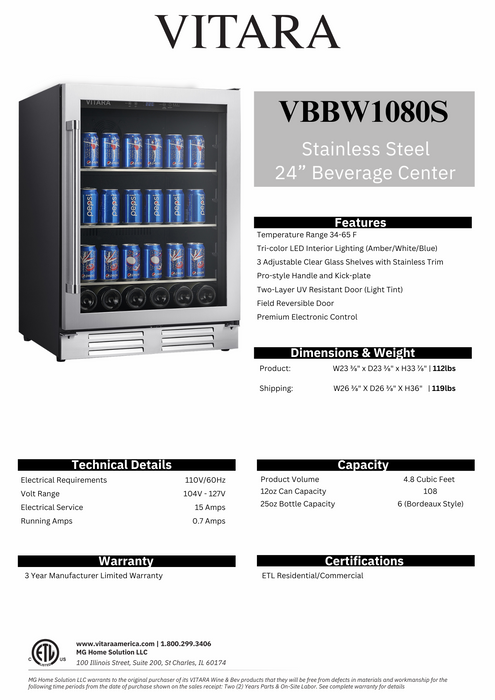 Vitara 24" Width 108 Can Beverage Center