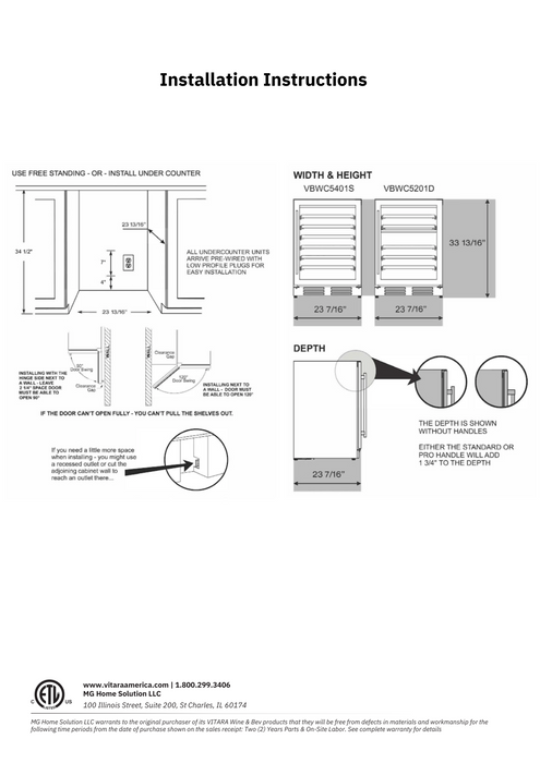 Vitara 24" Width Single Zone 54 Bottle Built-in Wine Cooler