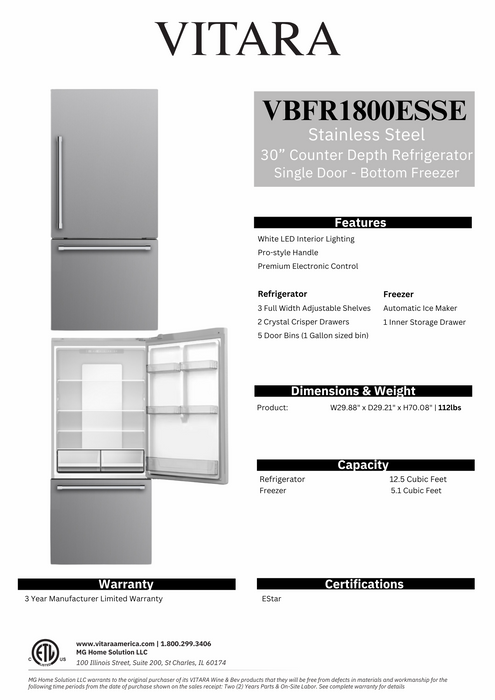 Vitara 30" Counter Depth Refrigerator